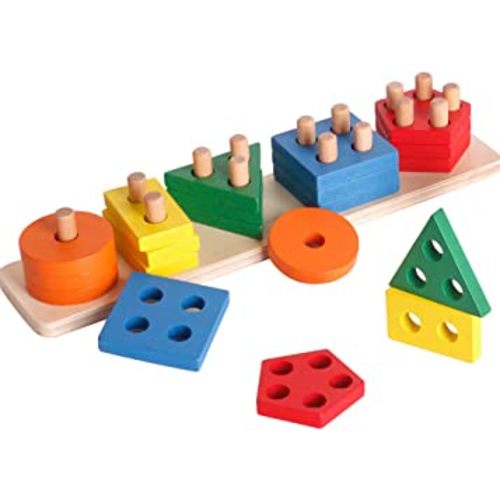 WISBABY Montessori Toys for 1 2 3 Year Old Boys and Girls ,Wooden Sorting & Stacking Toy for Toddlers Learning Toys,Educational Toys,Shape Sorter and Color Stacker Preschool Kids Wood Gifts