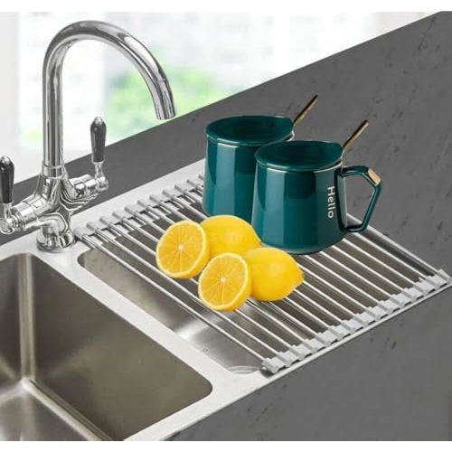 Ahyuan Roll up Dish Drying Rack Over The Sink Kitchen Roll up Sink Drying Rack Portable Dish Drainer Foldable Dish Drying Rack (Warm Gray, 17.8''X11.8'')