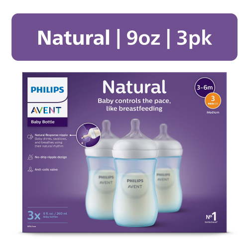 Philips Avent Natural Baby Bottle, Anti-Colic, Wide Neck, Blue, 9oz, 3pk, SCY903/23