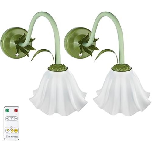 Battery Operated Cordless Flower Wall Sconce Set of 2 (Green), Stepless Dimming Magnetic Wireless Wall Lamp, 5200mAh Rechargeable Battery, for Living Room Bedroom Hallway Corridor