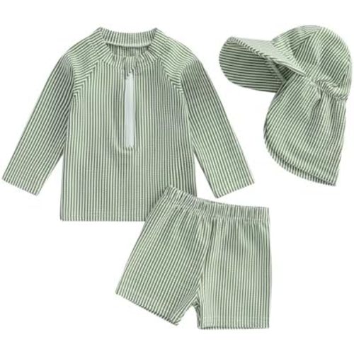 Toddler Baby Boys Seersucker Long Sleeve Swimsuit Trunks Bathing Suit Swimwear with Hat 3Pcs Rash Guard Set