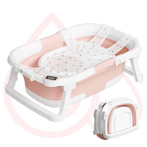 Aprpink Foldable Baby Bathtub PP+TPE with Soft Bath Net&Thermometer for 0-36 Months Toddler Pink