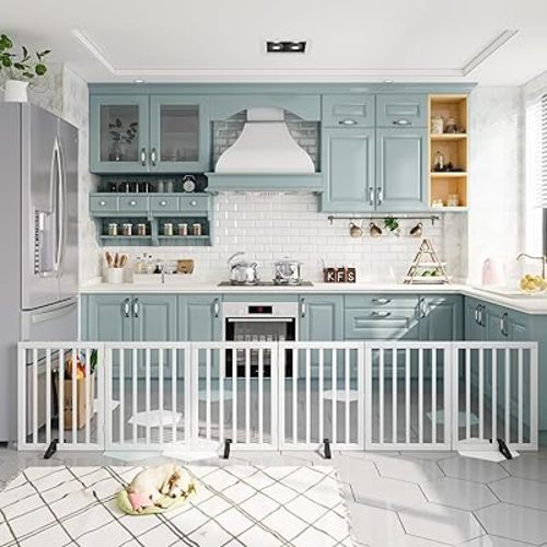 Dog Gates for Doorways Extra Wide 110inches (9ft), Wooden Freestanding Pet Gates for Dogs with 4 Support Stands, Foldable Gates for Dogs Indoor