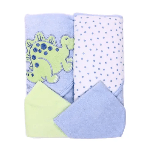 Spasilk Hooded Terry Bath Towel with Washcloths, Dino Blue, 2-Count