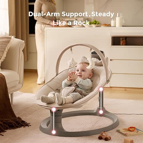 Momcozy 2-in-1 Electric Baby Swing, Dual-Arm Support System & Parent-Inspired Motions, Convertible to Toddler Seat up to 66 lbs, Adjustable Height, Lightweight, Khaki