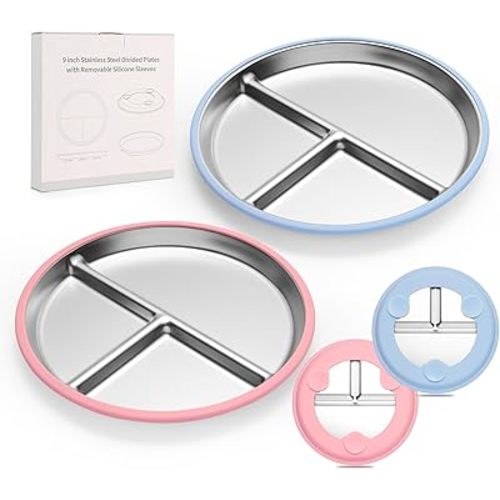 Stainless Steel Kids Plates, 2 Pcs Baby Suction Plates, 9" Toddler Stainless Steel Plates, Non Toxic & BPA Free Non Slip, Dishwasher & Microwave Safe