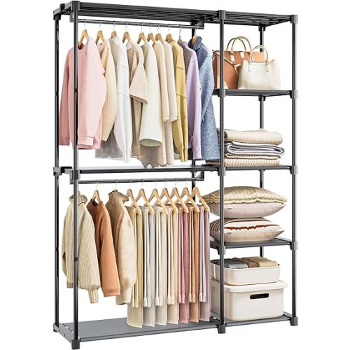 Portable Closet, Freestanding Wardrobe Closet Organizers and Storage,Open Clothing Racks for Hanging Clothes with 4 Shelves and 2 Hanging Rods，47.8x15.8x63.4 Inches