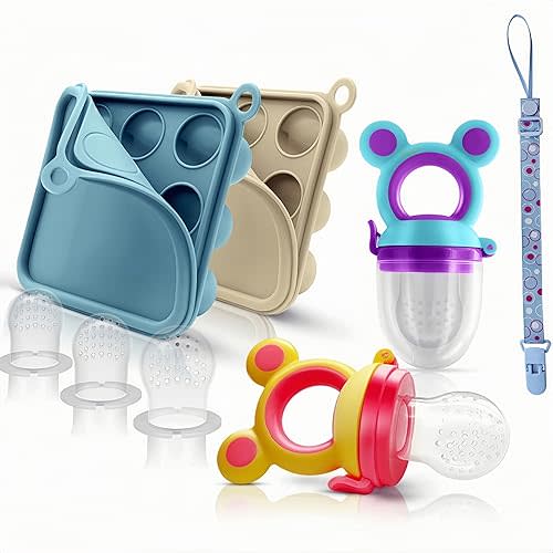 Silicone Baby Fruit Food Feeder, Freezer Tray 2 Pack, Baby Teethers, Breastmilk Popsicle Molds for Baby Cooling Relief, Fresh Food Feeder for Safe Infant Self Feeding, Double as Baby Teething Toys