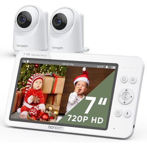 bonoch Baby Monitor 2 Cameras, 7" 720P HD Split Screen Baby Camera Monitor, Video Baby Monitor No WiFi, 6000mAh Battery, 1000ft Range, Sound Detect, Remote PTZ, VOX Mode, Auto Night Vision - 7" 720p Baby Monitor with 2 Cameras