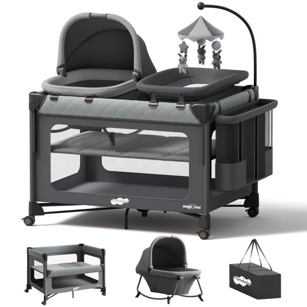 Pamobabe Pack and Play with Bassinet - 7 in 1 One-Step Setup Bedside