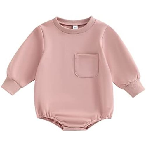 Baby Boy Girl Solid Color Sweatshirt Romper Oversized Long Sleeve Pocket Bubble Romper Sweater Bodysuit Outfit