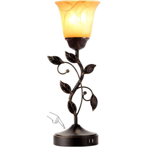 Touch Control Table Lamp with 2 USB Charging Ports, 3-Way Dimmable Bedside Nightstand Lamps, Amber Glass Shade Vintage Rural Leaf Lamp for Living Room, Bedroom, Dresser, LED Bulb Included (Bronze)