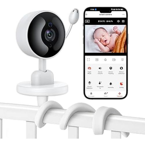 Baby Monitor with Camera and Audio, 2K WiFi Indoor Video Baby Camera with Mount, Motion & Cry Detection, Temp & Humidity Sensor, Night Vision, 2 Way Audio, 4 Lullabies, APP Control