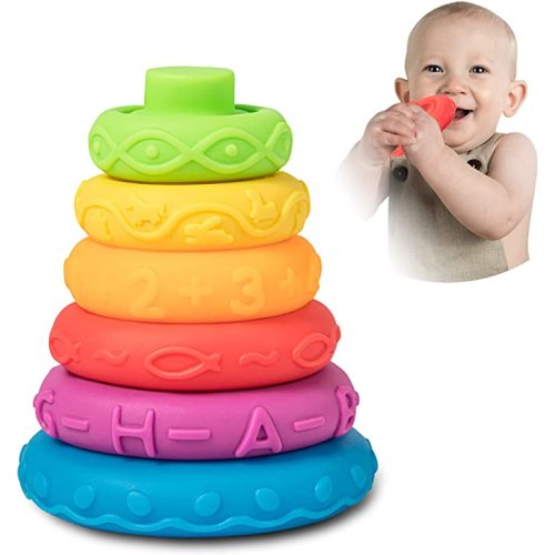 Jomyfant Stacking Nesting Circle Toy, 6 Pcs Soft Building Rings Stacker Teethers, Early Educational Learning Stacking Tower, Squeeze Building Blocks Sensory Toys for Boys Girls