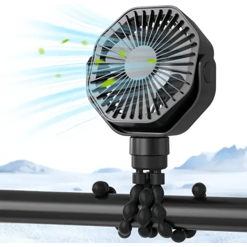 Portable Stroller Fan with Flexible Tripod, 3 Speeds Rechargeable Handheld Personal Fan, 360°Rotate Battery Operated Clip On Fan for Car Seat Crib Bike Treadmill Black