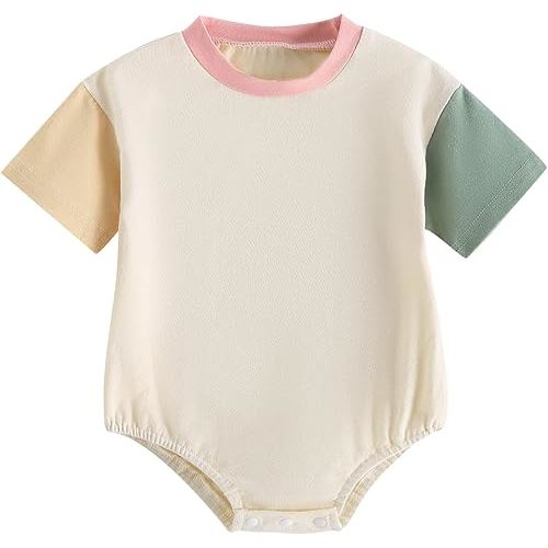 Kayotuas Baby Bubble Romper Infant Oversized Crewneck Tshirt Bodysuit Short Sleeve Color Block Shirt Tops Cute Summer Outfits