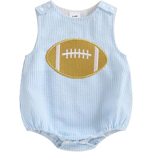 Newborn Baby Boy Girl Fall Clothes Football Embroidery Romper Striped Sleeveless Smocked Bodysuit Overalls Outfit