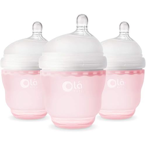 Olababy Gentle Silicone Baby Bottle, Anti-Colic, BPA free, Easy to Clean and Wide Neck Baby Bottles Best for Breast Feeding Babies (4 Ounce 3PK, Rose)