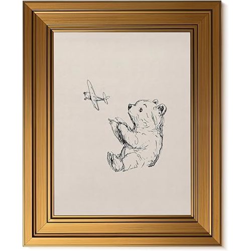 Vintage Gold Framed Sketch Nursery Teddy Bear Wall Art Cute Vintage Minimalist Teddy Bear Painting Picture Wall Decor Toy Airplane Poster Print Artwork for BabyRoom KidsRoom Home Decoration