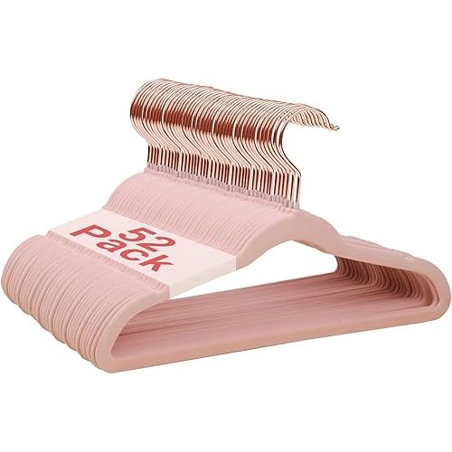 Baby Velvet Hangers, 52 Pack Kids Clothes Hangers with Non-Slip Shoulder Notches, Storage Organizer for Infant and Toddler Pink (Rose Gold Hook)