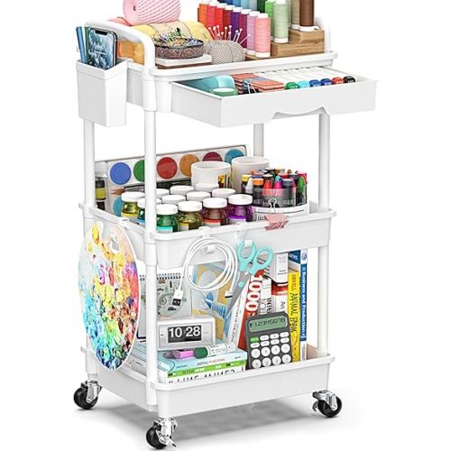 3-Tier Rolling Cart with Drawer & Lockable Wheels, Plastic Shelf Storage Organizer Cart – Easy Assembly, Waterproof Design for Kitchen, Bathroom, Office, White