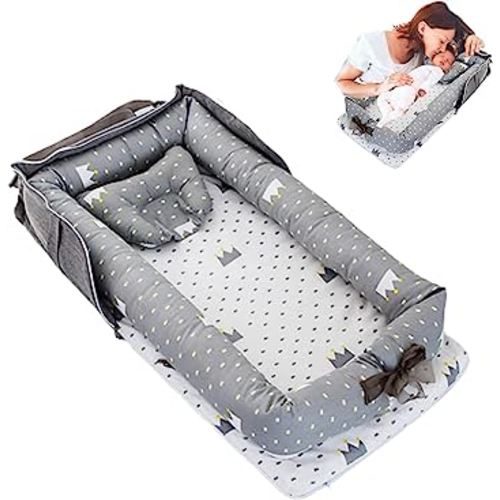 Baby Lounger for Newborn Portable Bag,Baby Nest Cosleeping for Baby in Bed with Pillow,Newborn Lounger Adjustable Size & Strong Zipper Lengthen Space to 24 Months,Crown Grey