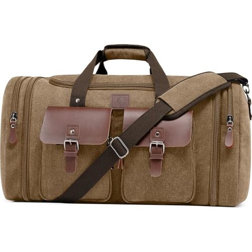 Canvas Duffle Bag for Men 50L Travel Duffel Bags Expandable Genuine Leather Duffel Overnight Weekender Carry On Bag Two Zipper Pockets Travel Bag (Coffee, Large-50L)