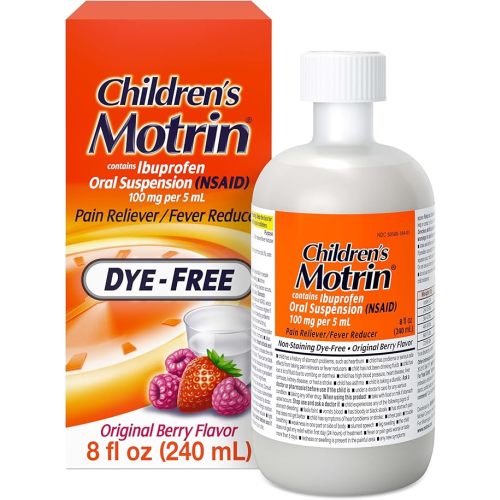 Children’s Motrin Liquid Dye-Free and Alcohol-Free, NSAID, 100 Mg Ibuprofen Oral Suspension, Fever Reducer, Pain Reliever, Trusted Brand for Families, Berry Flavor, 8 Fluid Ounces