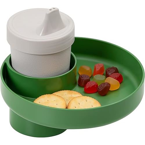 My Travel Tray Round, USA made. Easily convert your existing cup holder to a TRAY and CUP HOLDER for use in a Car Seat, Booster, Stroller, Golf Cart and anywhere You have a cup holder! (Dino Green)