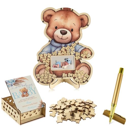 Adzt's Baby Shower Frame Guest Book Alternatives 63 Pcs Set,Baby Shower Guestbook with Photo Frame Baby Frame Keepsake,60 Wood Slices Guest Book for Birthday Bear