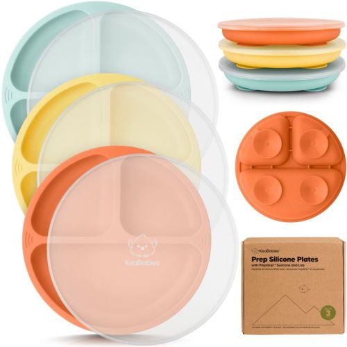 3-Pack Prep Suction Plates with Lids, 100% Silicone Baby Plates with Lid, BPA-Free Kids Divided Toddler Plates (Amaze)