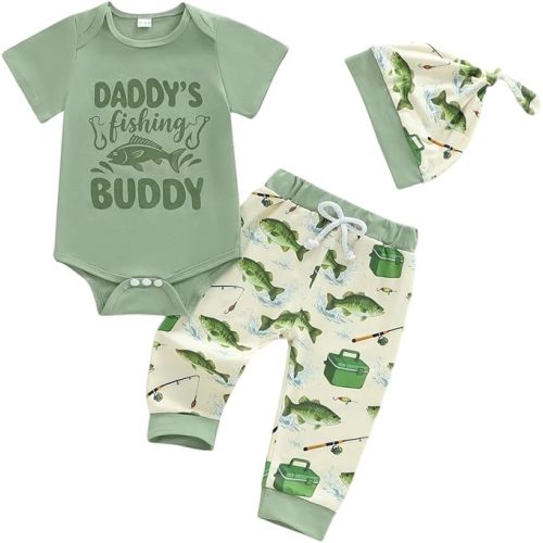 Newborn Baby Boy Outfit Fishing Letter Print Romper and Pants Hat 3Pcs