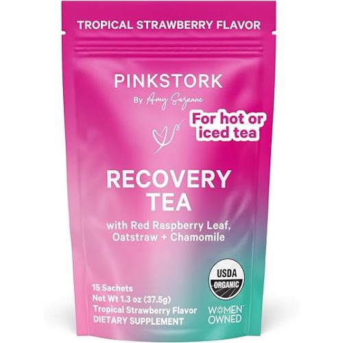 Pink Stork Postpartum Recovery Herbal Tea, Organic Red Raspberry Leaf with Chamomile, Hormone Balance for Women After Labor and Delivery, Strawberry Passion, Hot or Iced, Caffeine-Free, 15 Sachets
