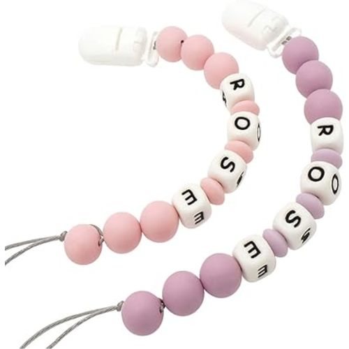 Personalized Pacifier Clip with Name, Customizable Pacifier Clip (2 Pack) (Light Pink + Lavender)
