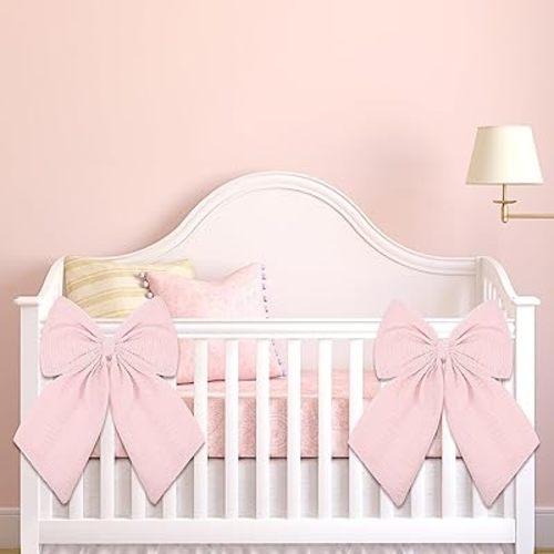 Riceshoot 2 Pcs Large Crib Bows 11 x 16 inch Coquette Bow Decorations for Nursery Crib Canopy Bed Large Bow Room Nursery Decor Infant Bassinet Bedroom Decor for Gender Reveal Gifts (Pink)