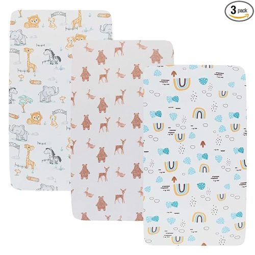 Onacosht Stretchy Bassinet Sheets 33" x 19" Compatible with Mika Micky, KoolaBaby (3 in 1), BabyBond, HARPPA and RICUTON Bedside Bassinet, 3 Pack for Baby Boy and Girl, Unisex Cute Animal Printing