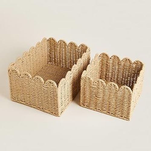 Scalloped Edge Basket, Wicker Storage Baskets, Hand Woven Baskets for Shelves,Natural Baskets for Organizing (S+M)