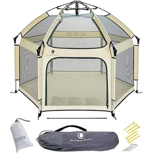 POP 'N GO Baby Playpen - Indoor & Outdoor Playpen for Babies and Toddlers - Baby Beach Tent, Foldable, Portable W/Canopy, Travel Bag, & Mosquito Net - Pop Up Pack and Play Tent (Warm Ivory)