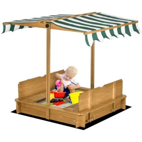 Outsunny Covered Sandbox with Lid with Adjustable Canopy for Kids, Outdoor Play Equipment with Benches, Backyard Outdoor Activity Sensory Toy, Brown