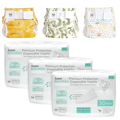 Super Boosties 90ct + Honest Hybrid Cloth Diaper Cover with Pocket-Sling, Medium (12-25 lbs), Stops Nighttime Leaks, Boosties Disposable Diaper Inserts, Honest Cotton Muslin Covers, 3 Pack