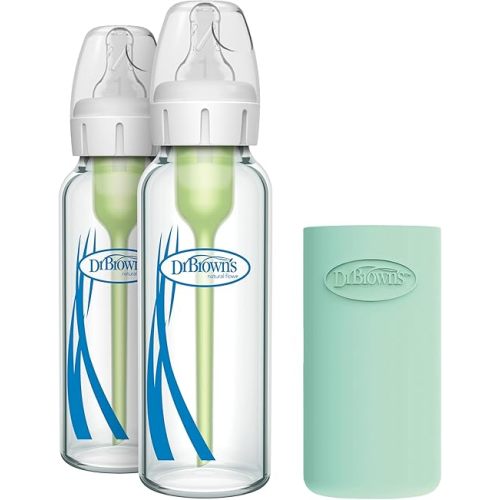 Dr. Brown's Natural Flow Anti-Colic Options+ Narrow Glass Baby Bottle 8 oz/250 mL 2 Pack with Level 1 Slow Flow Nipple and Silicone Sleeves for Glass Bottles, Mint