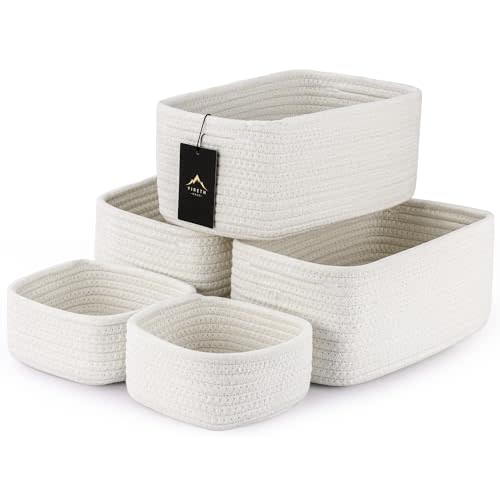 VIRETH HAUS 5-Pack Small Woven Rope Storage Baskets – 2 Sizes Organizer Bins for Closet, Shelf, Bookshelf, Nursery, Changing Table, Fabric Cube Boxes, Rectangular Shallow Bins for Bathroom, Toy & Home