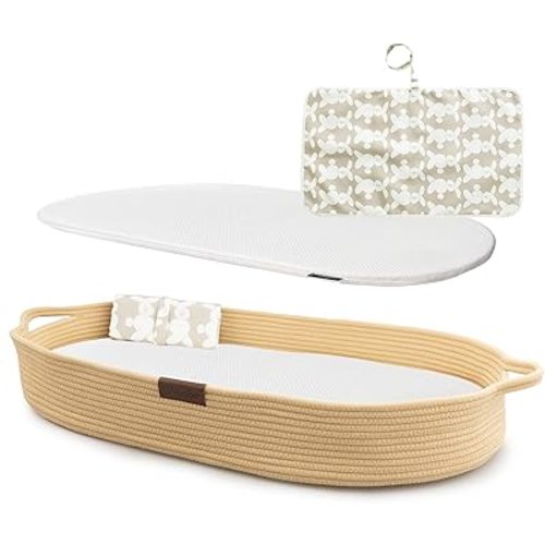 XL Reinforced Baby Changing Basket with Extra Travel Diaper pad, Foldable Baby Changing Pad with Water Repellent Cover, Cotton Rope Baby Basket, Changing Table Topper for Dresser (Cream)