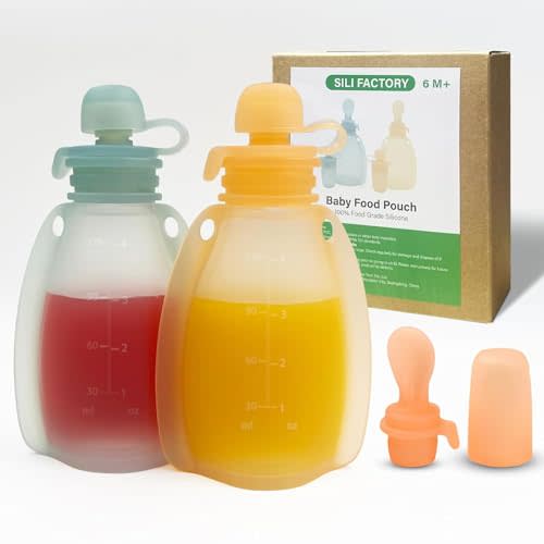 Reusable Silicone Baby Food Pouches 2 Pack Baby Food Storage and Scoop Squeeze Pouches for Toddler Kids, Freezable Storage BPA-Free Silicone Refillable Baby Food Storage, 4.2 oz