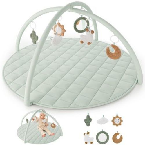 Baby Play Gym & Tummy Time Mat - Soft Cotton Mat with 6 Toys for Boys/Girls - Stylish Activity Playmat for Infant Development & Playroom Decor