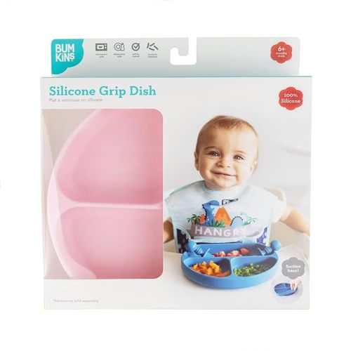 Bumkins Toddler and Baby Suction Plate, Divided Grip Dish for Babies and Kids, Baby Led Weaning, Feeding Supplies, Sticks to Tables and Highchairs, Platinum Silicone, for Chidren 6 Months, Pink - B3 Pink-GD - 3-Section