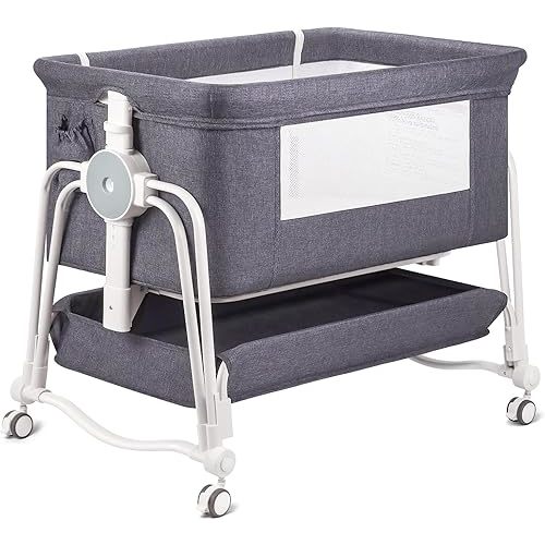 4 In 1 Baby Bassinet Bedside Sleeper, Rocking Bassinet for Baby, Bedside Sleeper with Wheels, Storage, Mosquito Net and matress included, 7 Level Adjustable Bedside Bassinet for Newborn Baby(Gray)