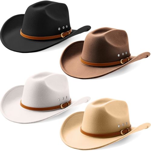 4 Pcs Cowboy Hat Felt Wide Brim Cowgirl Hats with Belt Classic Outdoor Western Style for Women Men Adults