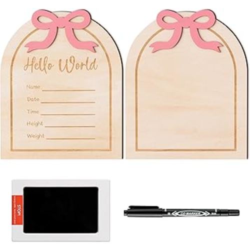 R HORSE Baby Birth Announcement Sign - 3D Wooden Baby Birth Sign with Marker Pen for Hand and Footprints, Coquette Pink Bow Newborn Name Announcement with Ink Pad for Girls Nursery Decor Keepsake Gift