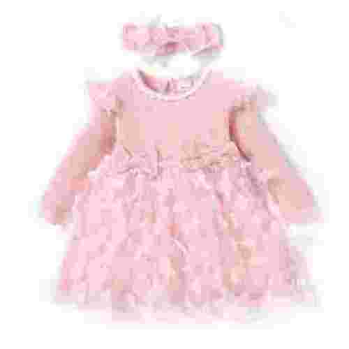 PatPat 2pcs Baby Girl Pink Mesh Dress Set,Ribbed Long Sleeve Splicing 3D Butterfly Appliques Princess Dress Pageant Party Birthday Wedding Flower Girl Dress,0-3t